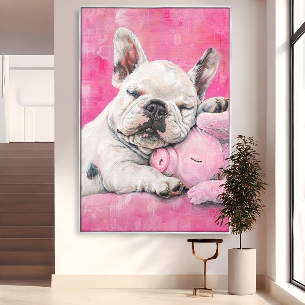 Tablou canvas cu pictura cu bulldog si porcusor, in rama de aluminiu argintiu